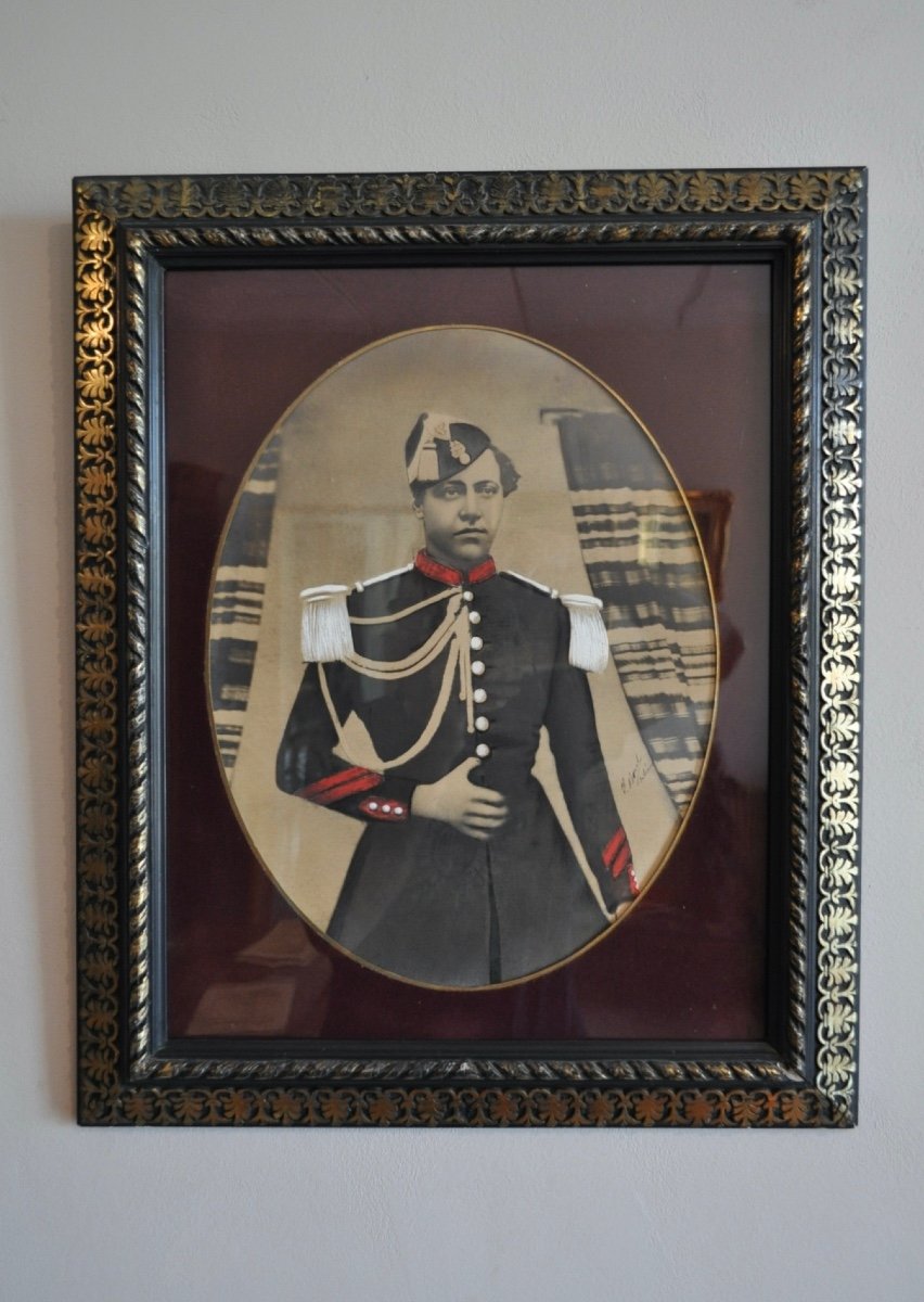 Old Photograph Portrait Of A Period Soldier Late 19th Golden Frame Napoleon III Photo