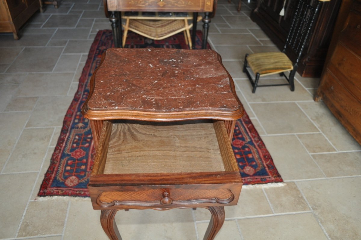 Table De Chevet Ancienne En Palissandre De Style Louis XV époque Fin 19ème dessus marbre rouge-photo-1