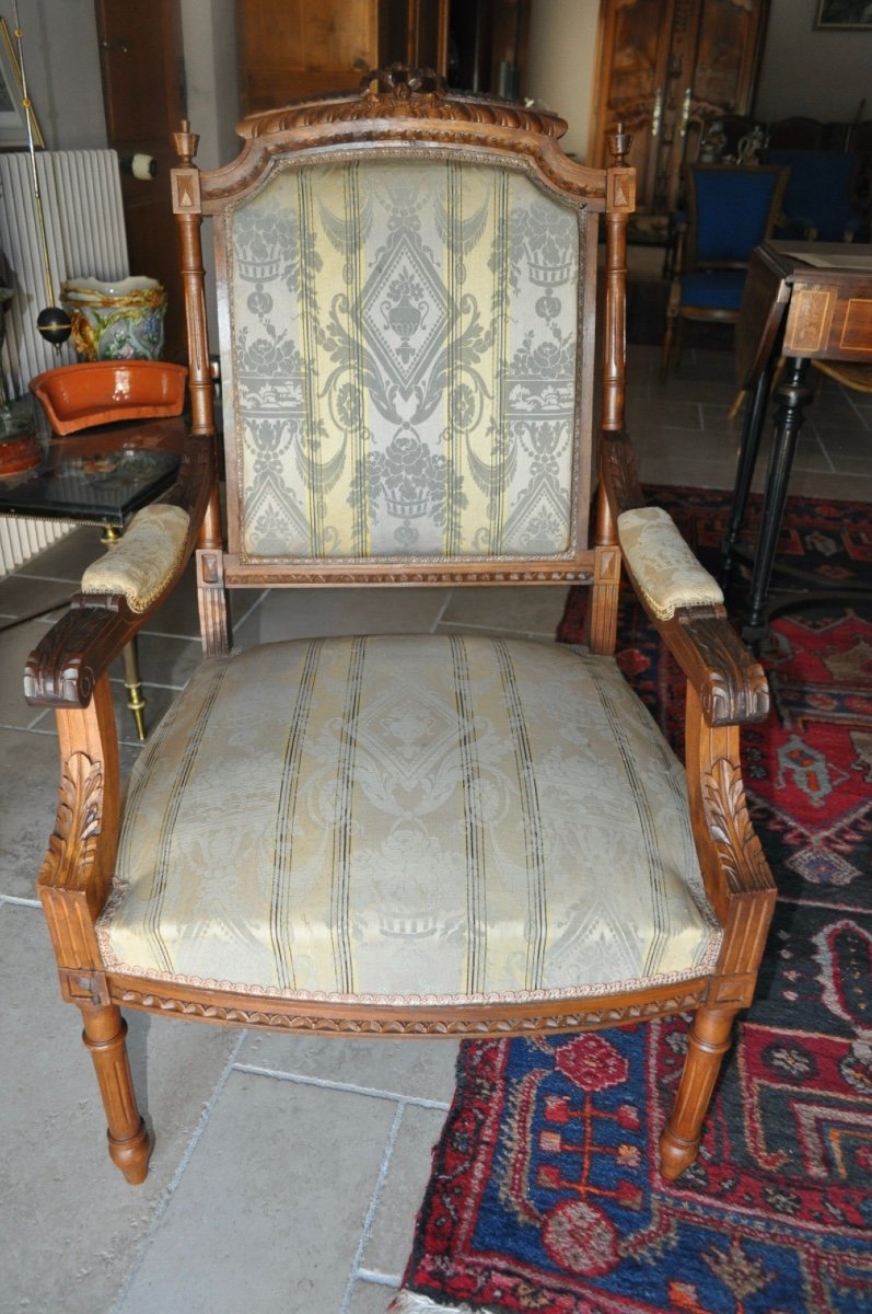 Paire De Fauteuils Louis XVI En Noyer Dossier Plat à La Reine d'époque 19ème Napoléon III Salon-photo-3