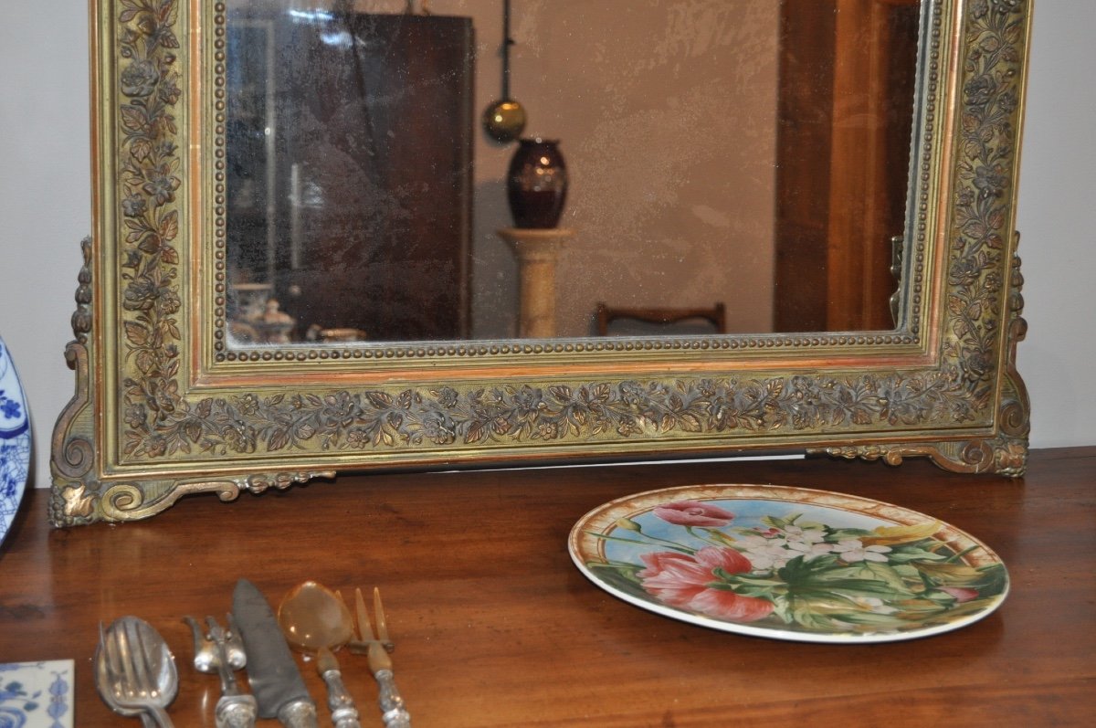 Miroir Ancien En Bois Et Stuc Doré d'époque 19ème Glace De Style Louis XVI Napoléon III-photo-1