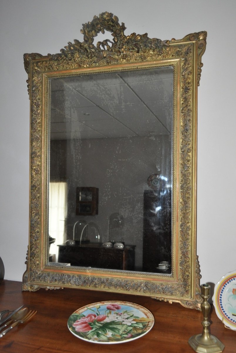 Miroir Ancien En Bois Et Stuc Doré d'époque 19ème Glace De Style Louis XVI Napoléon III