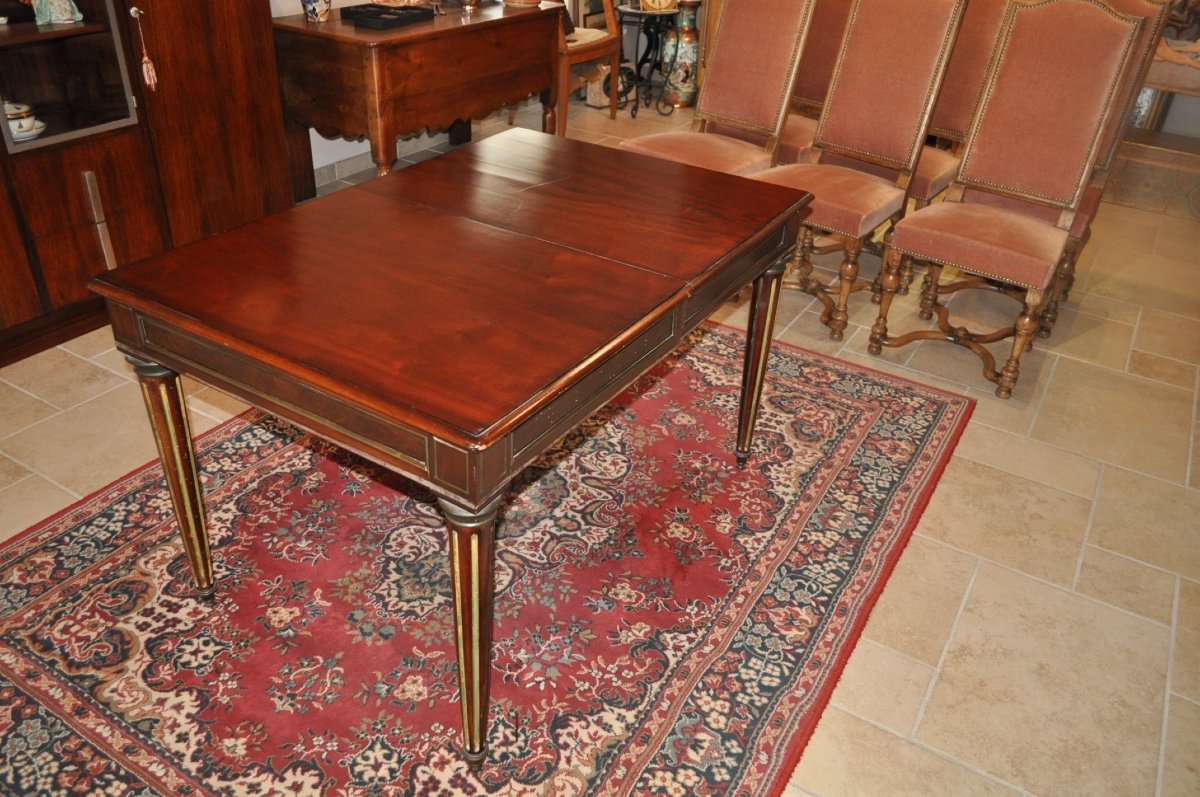 Table Ancienne De Style Louis XVI d'époque 19ème En Acajou Massif Incrustation Bronze Et Laiton