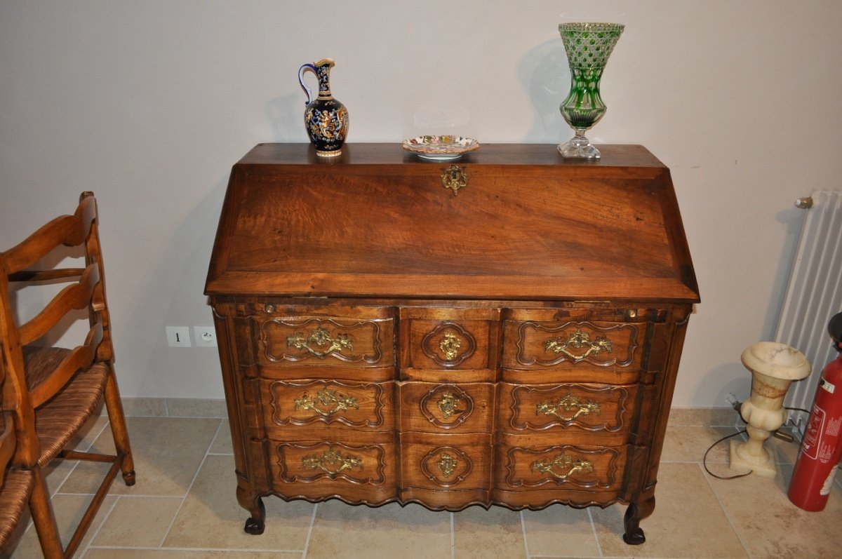 Commode Scribanne galbée d'époque Louis XV En Noyer Massif Meuble Scriban Ancien 18ème-photo-3