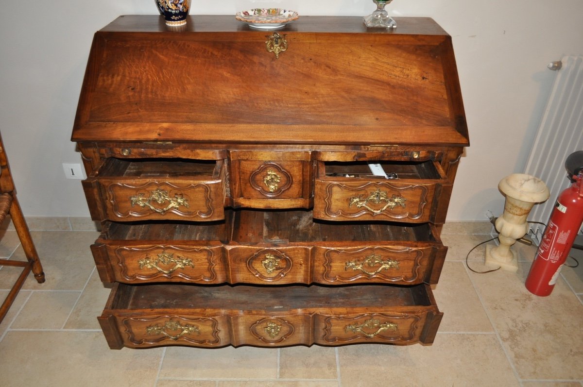 Commode Scribanne galbée d'époque Louis XV En Noyer Massif Meuble Scriban Ancien 18ème-photo-3