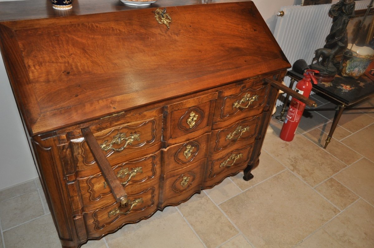 Commode Scribanne galbée d'époque Louis XV En Noyer Massif Meuble Scriban Ancien 18ème-photo-8