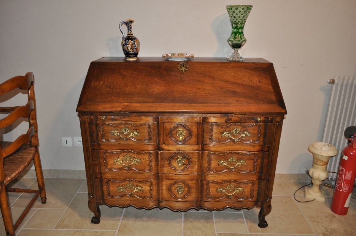 Commode Scribanne galbée d'époque Louis XV En Noyer Massif Meuble Scriban Ancien 18ème