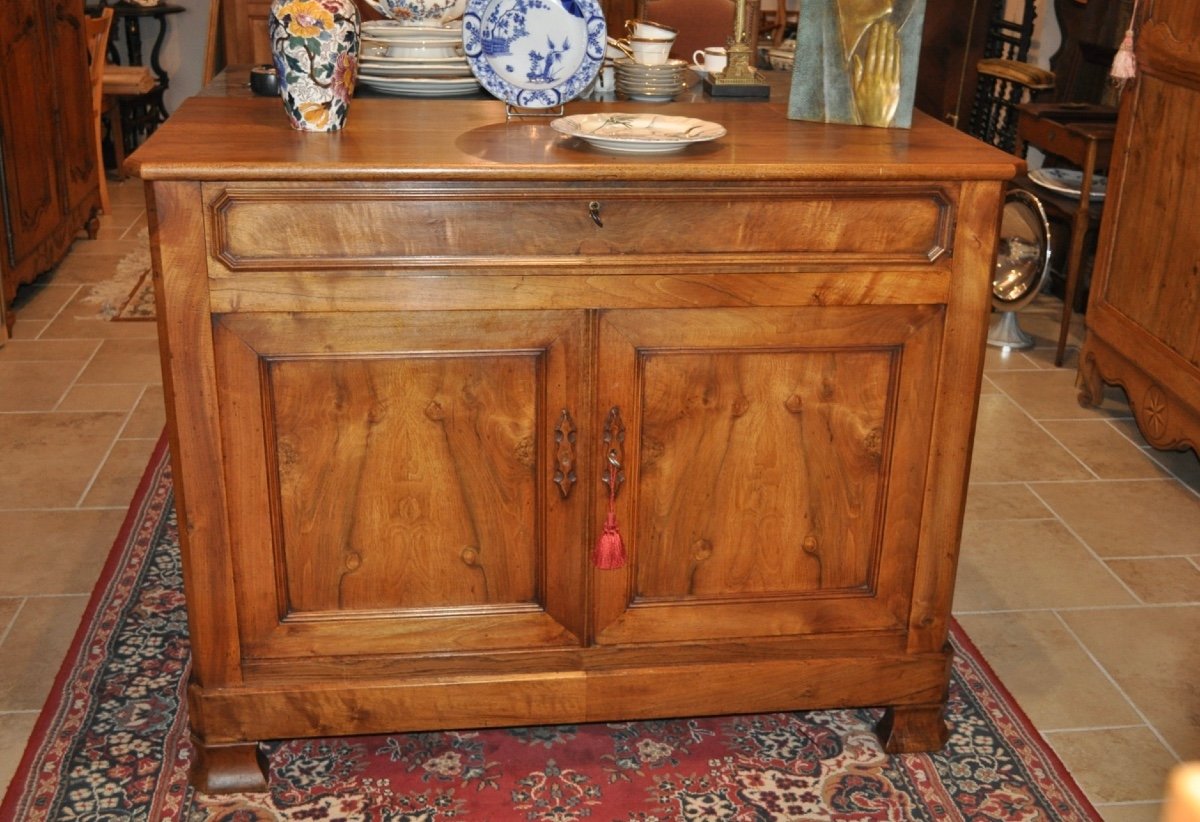 Louis Philippe Buffet In Solid Walnut From The 19th Century, Antique Low Sideboard With Wooden Top 