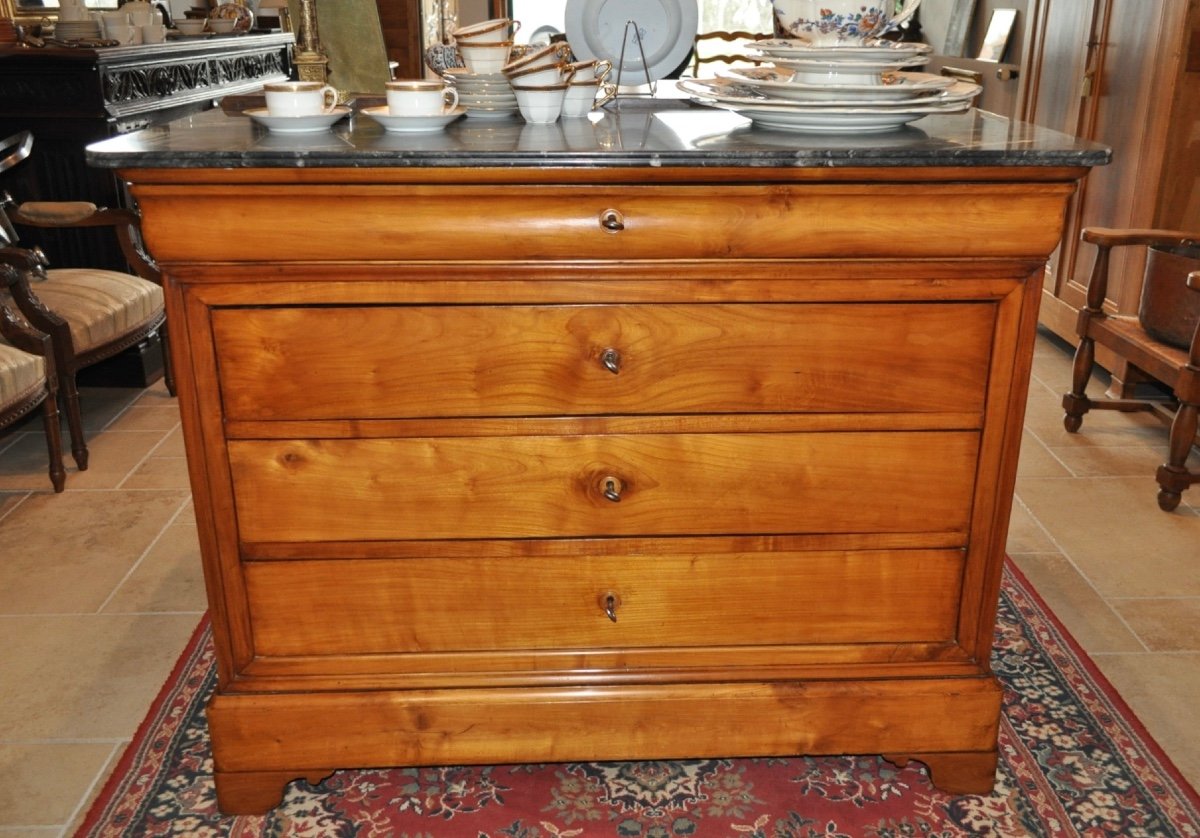 Antique Louis Philippe Chest Of Drawers In Solid Cherry Wood From The 19th Century With Marble Top