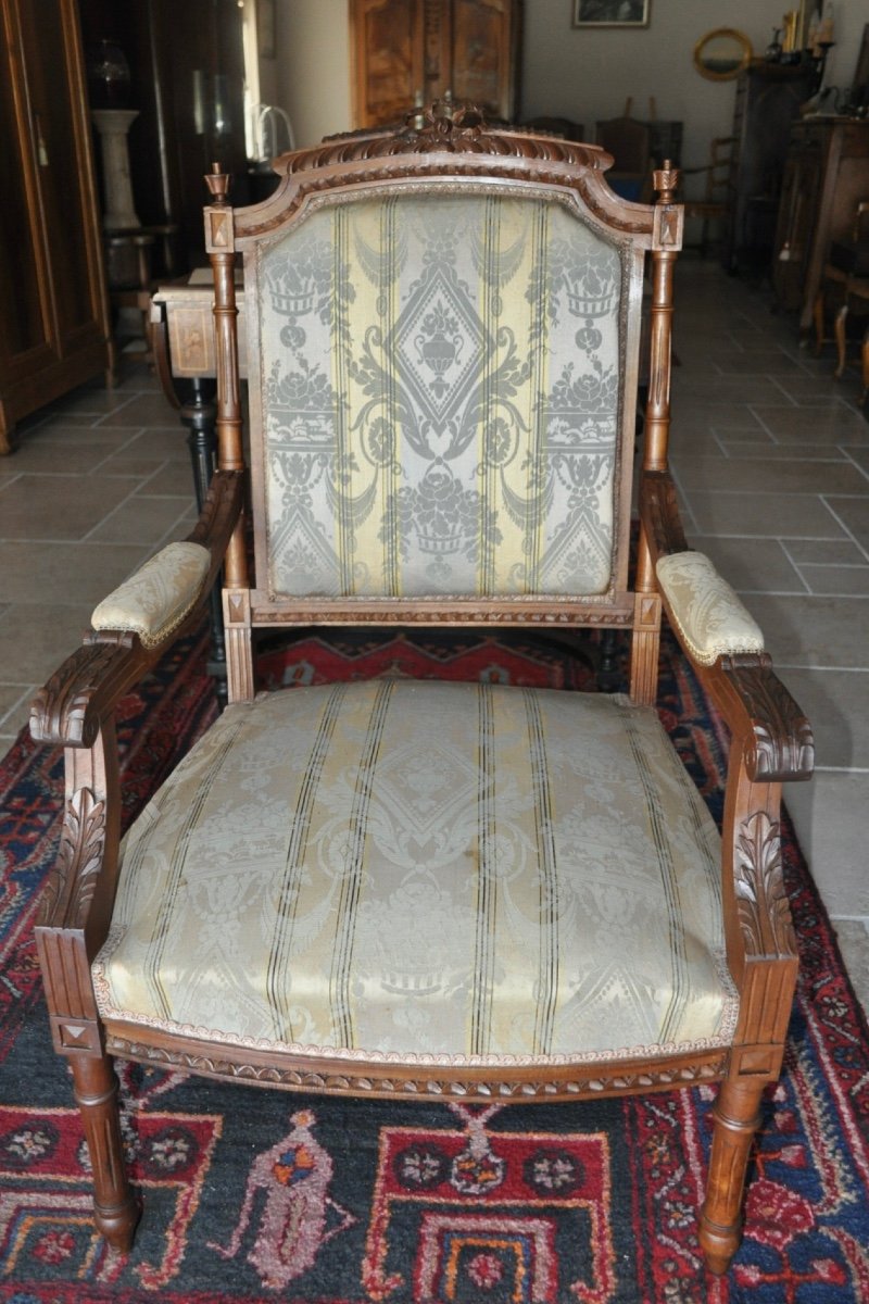 Paire De Fauteuils Louis XVI En Noyer Dossier Plat à La Reine d'époque 19ème Napoléon III Salon-photo-4