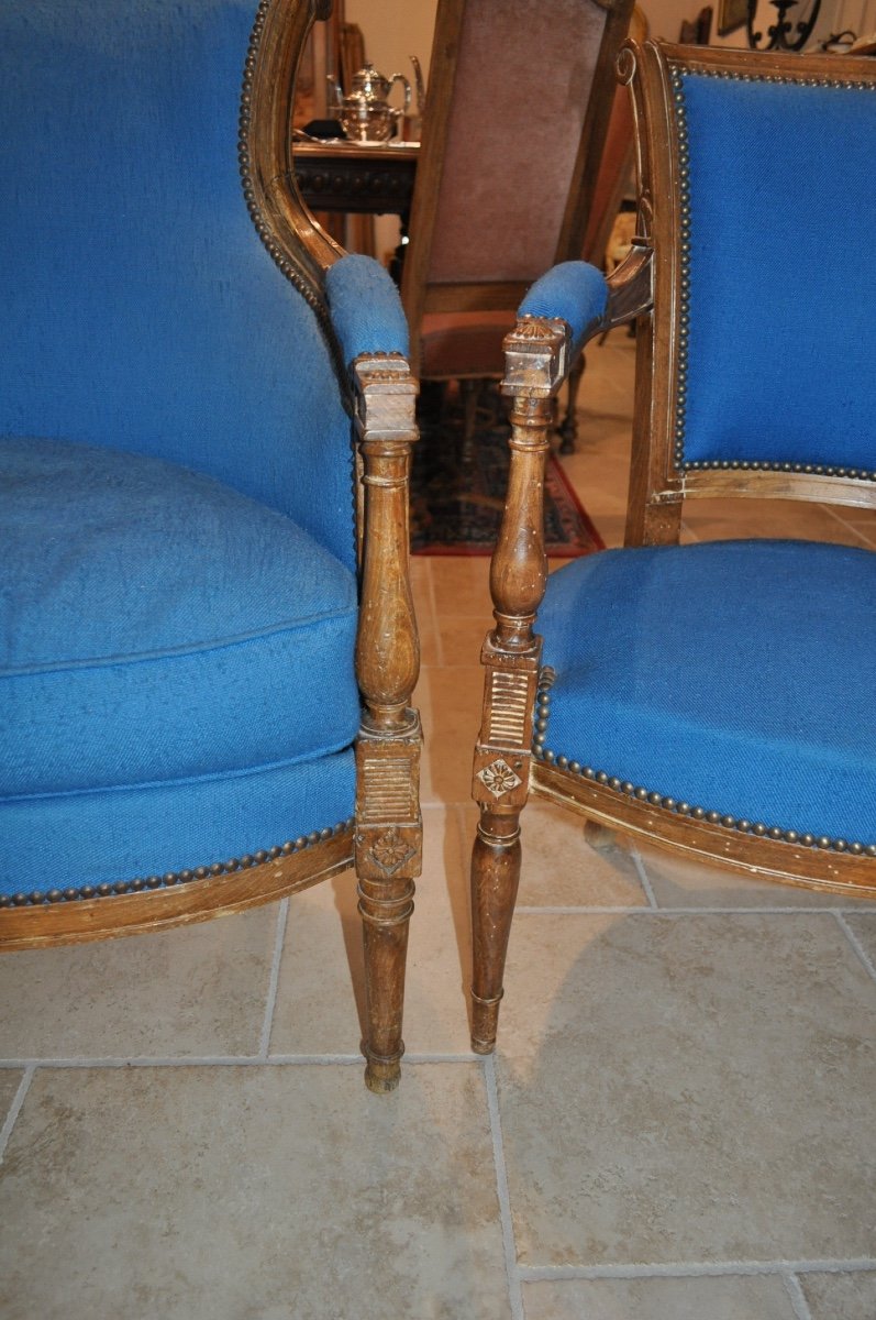 Antique Louis XVI Directoire Style Living Room Early 20th Century Pair Of Armchairs And A Bergère-photo-2