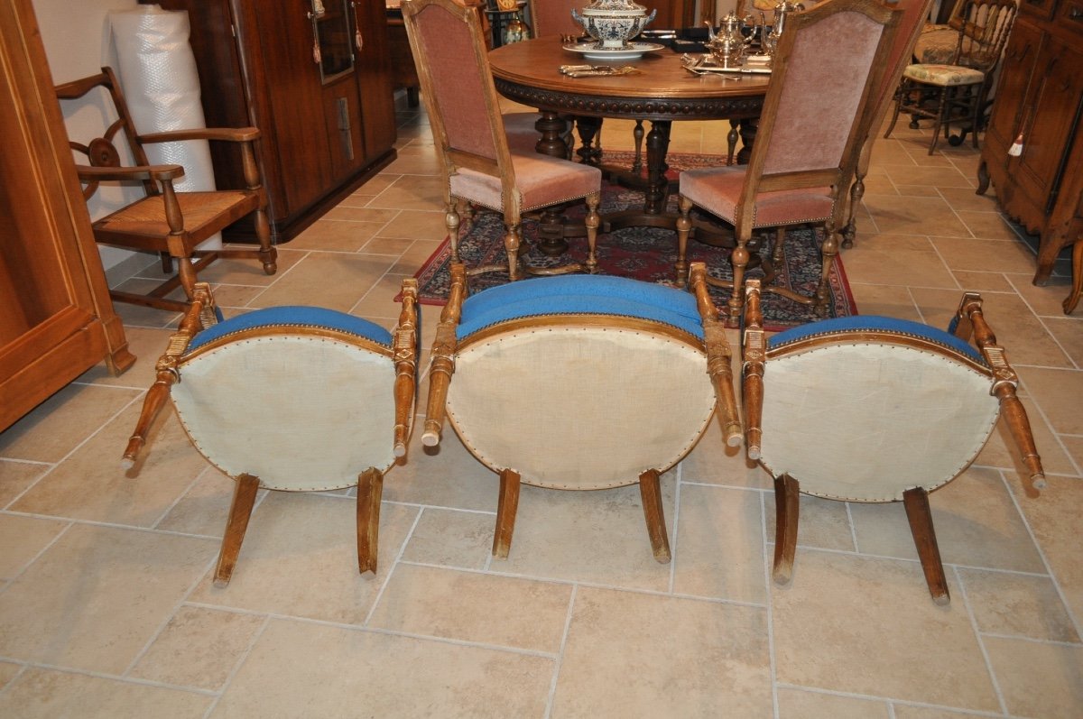 Antique Louis XVI Directoire Style Living Room Early 20th Century Pair Of Armchairs And A Bergère-photo-3