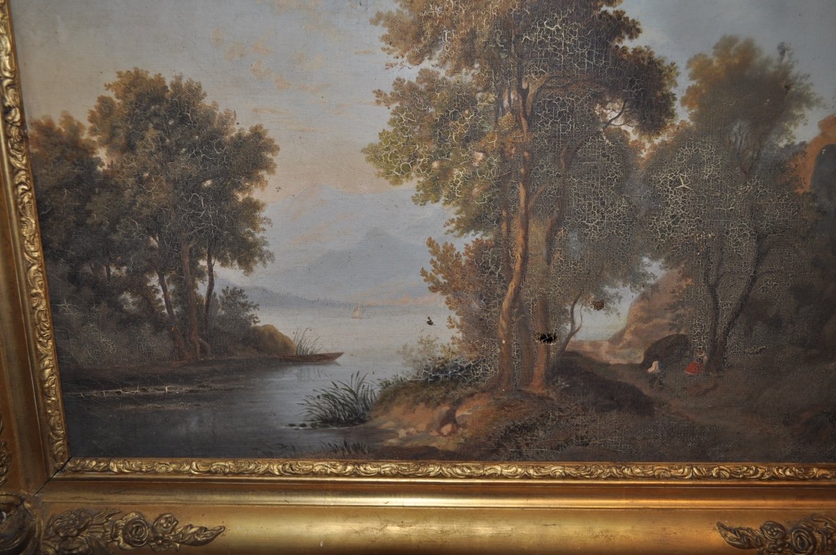 Tableau Ancien Paysage Montagne  Et Lac Huile Sur Toile d'époque 19ème à Restaurer Cadre Doré-photo-2