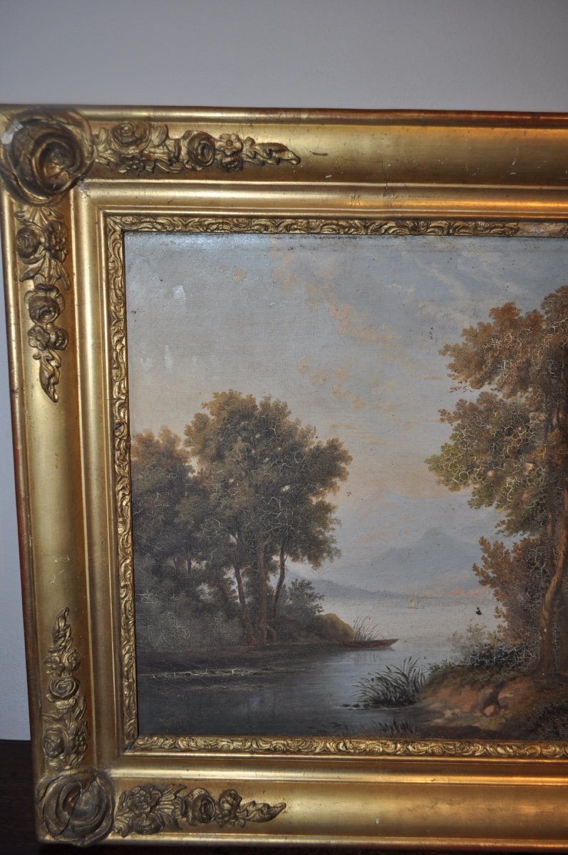 Tableau Ancien Paysage Montagne  Et Lac Huile Sur Toile d'époque 19ème à Restaurer Cadre Doré-photo-3