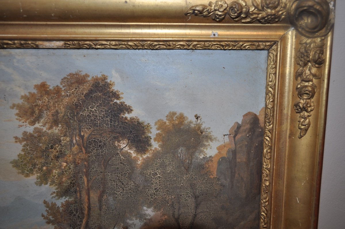 Old Painting Landscape Mountain And Lake Oil On Canvas 19th Century To Be Restored Golden Frame-photo-4