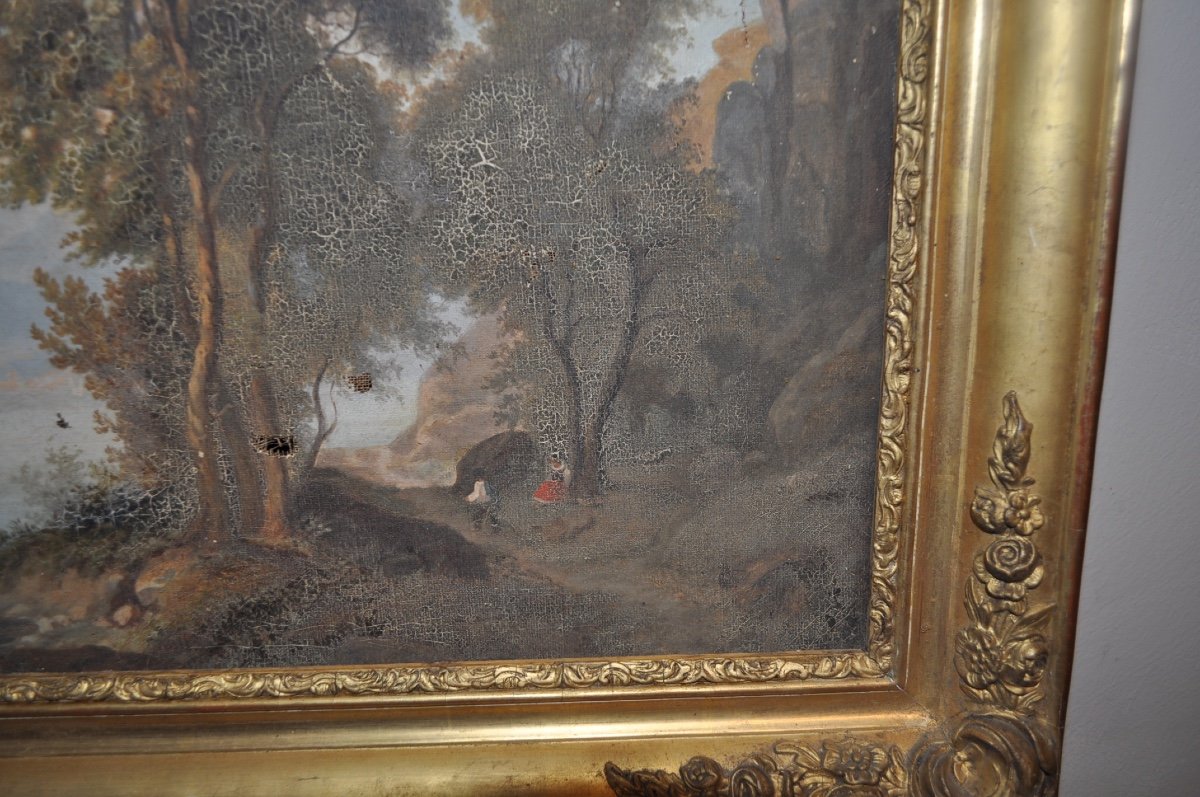 Old Painting Landscape Mountain And Lake Oil On Canvas 19th Century To Be Restored Golden Frame-photo-1