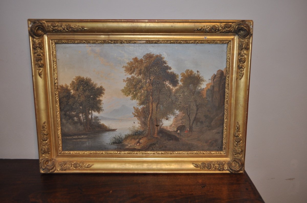 Tableau Ancien Paysage Montagne  Et Lac Huile Sur Toile d'époque 19ème à Restaurer Cadre Doré