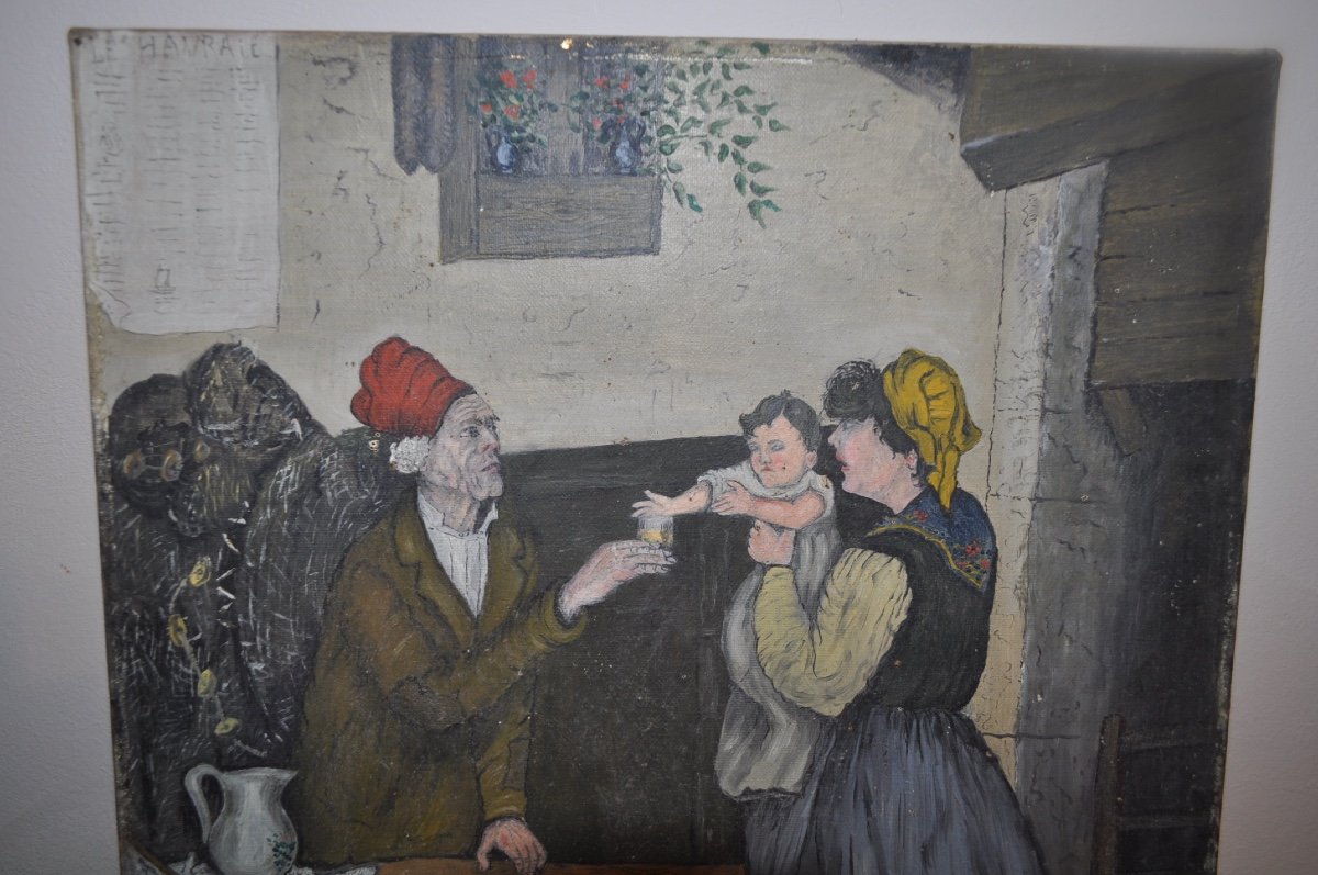 Tableau Ancien Huile Sur Toile Dans Un Bar Restaurant Le Havrais fin 19ème Début 20ème le Havre-photo-1