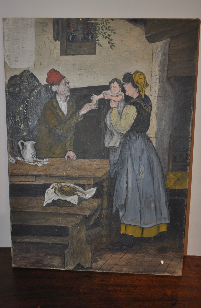 Tableau Ancien Huile Sur Toile Dans Un Bar Restaurant Le Havrais fin 19ème Début 20ème le Havre