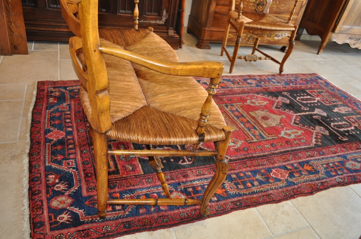 Salon Ancien Louis XV Provençal En Noyer Paire De Fauteuils Paillés Radassier d'époque 19ème -photo-2