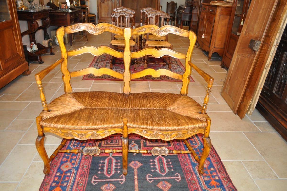 Salon Ancien Louis XV Provençal En Noyer Paire De Fauteuils Paillés Radassier d'époque 19ème -photo-4