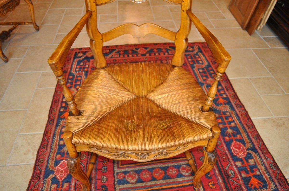 Salon Ancien Louis XV Provençal En Noyer Paire De Fauteuils Paillés Radassier d'époque 19ème -photo-4