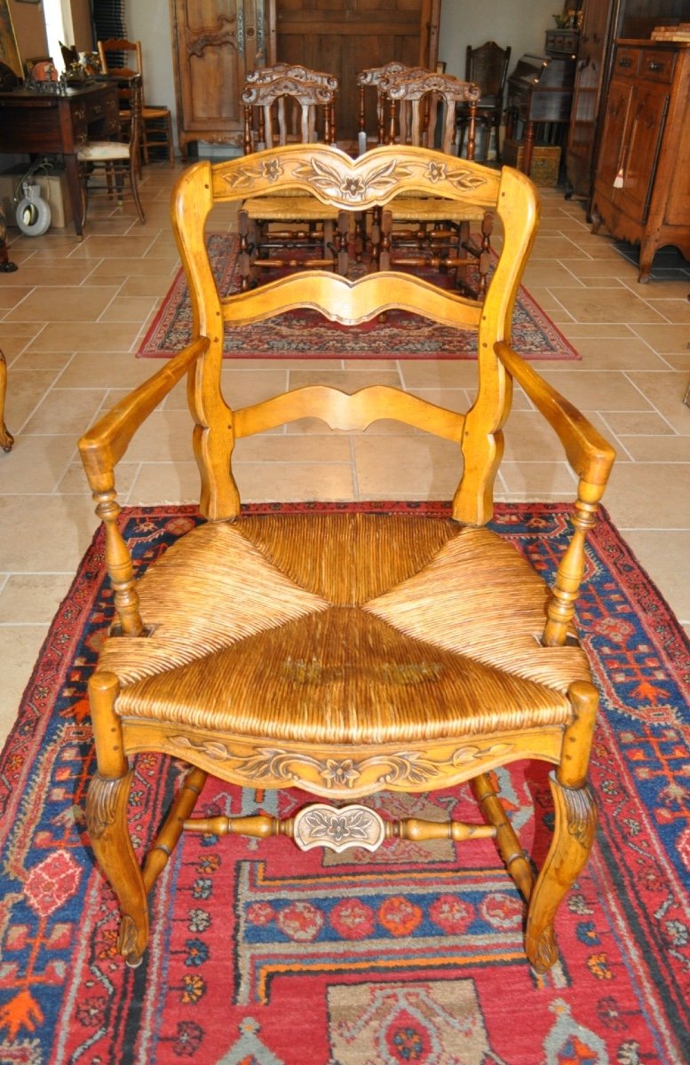 Salon Ancien Louis XV Provençal En Noyer Paire De Fauteuils Paillés Radassier d'époque 19ème -photo-5