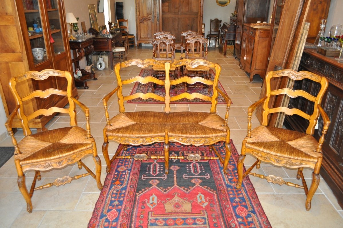 Salon Ancien Louis XV Provençal En Noyer Paire De Fauteuils Paillés Radassier d'époque 19ème 