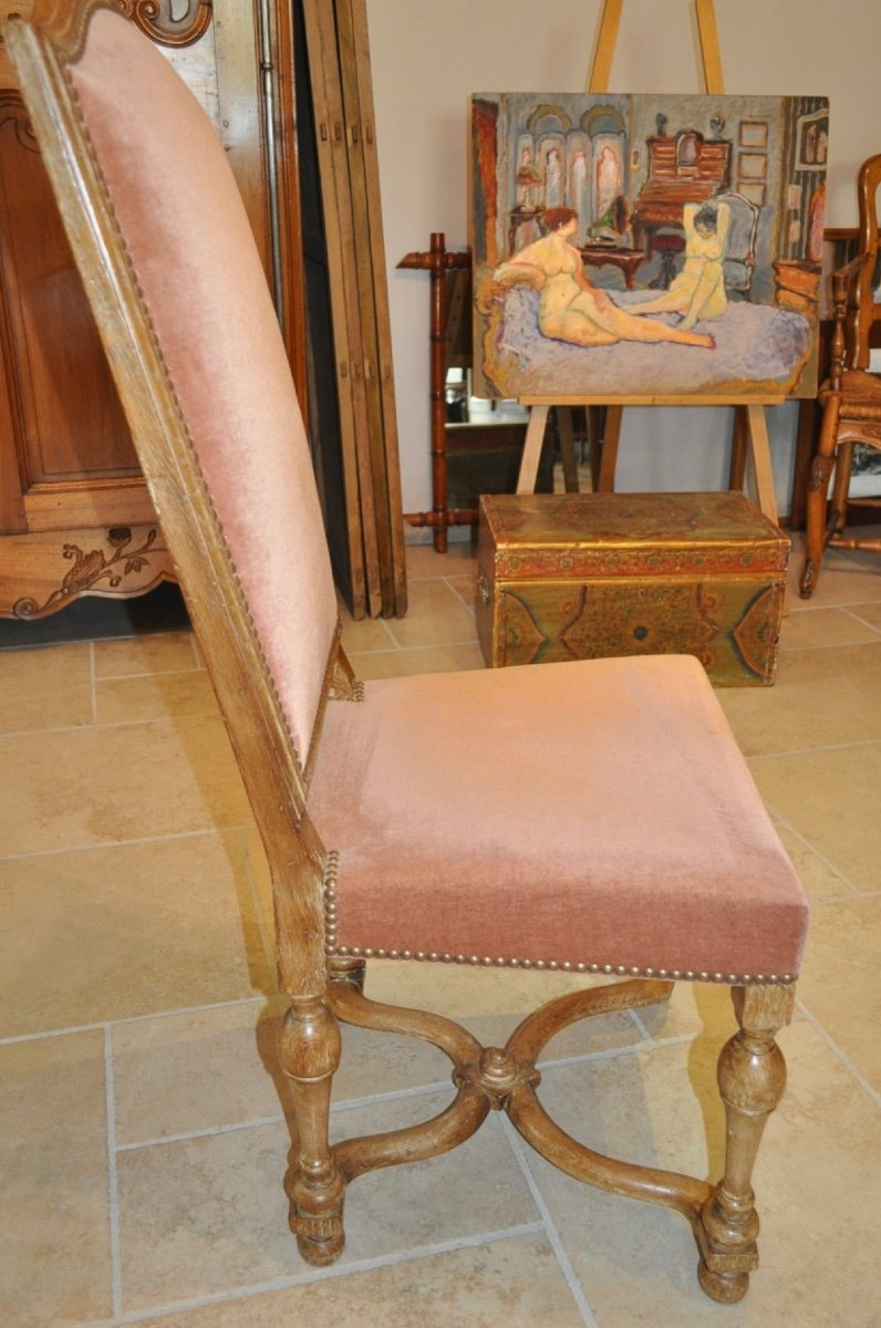 Set Of 6 Antique Louis XIV Style Chairs In Whitewashed Oak And Velvet From The Early 20th Century-photo-3