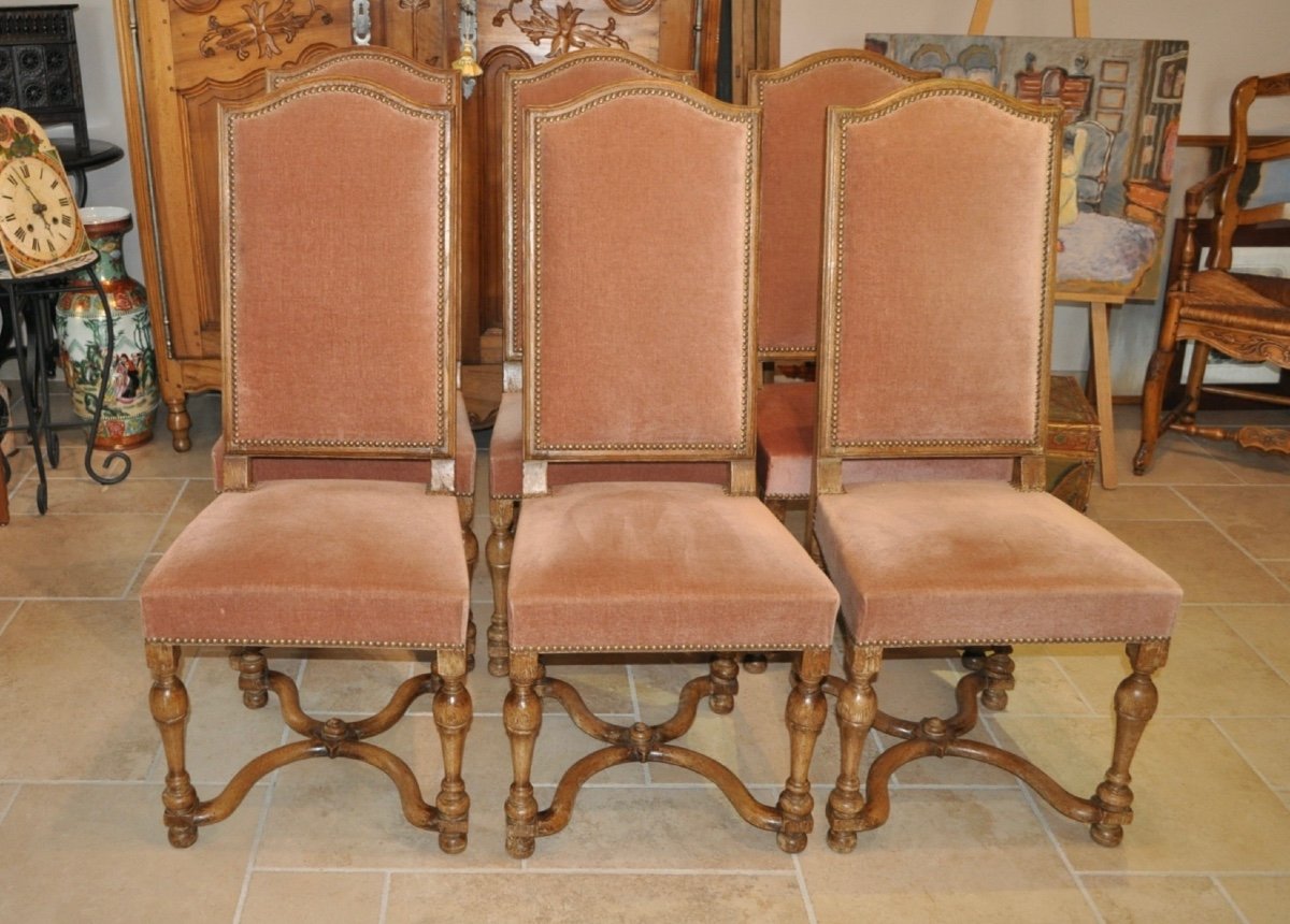 Set Of 6 Antique Louis XIV Style Chairs In Whitewashed Oak And Velvet From The Early 20th Century-photo-4