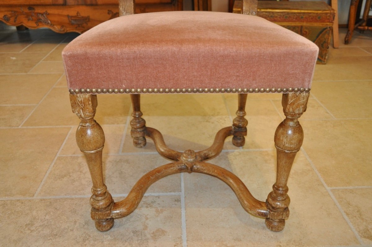 Set Of 6 Antique Louis XIV Style Chairs In Whitewashed Oak And Velvet From The Early 20th Century-photo-1