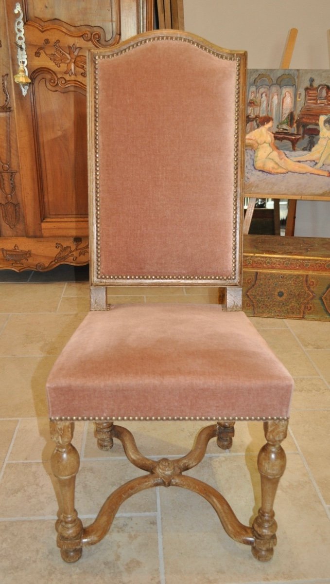 Set Of 6 Antique Louis XIV Style Chairs In Whitewashed Oak And Velvet From The Early 20th Century-photo-2