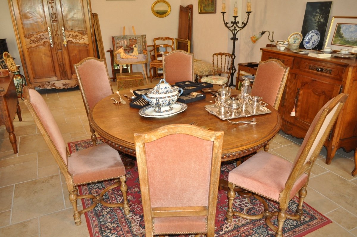 Set Of 6 Antique Louis XIV Style Chairs In Whitewashed Oak And Velvet From The Early 20th Century-photo-3