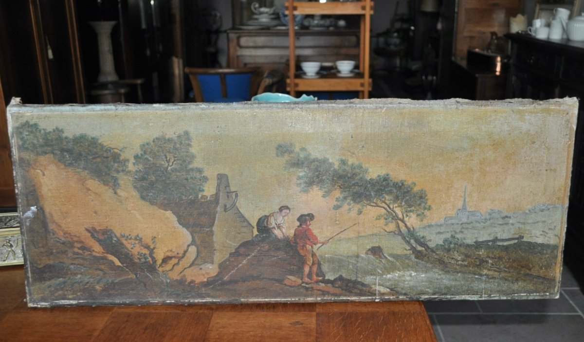 Tableau Ancien Huile Sur Toile époque 18ème Paysage Animé Pêcheur A rénover Trumeau