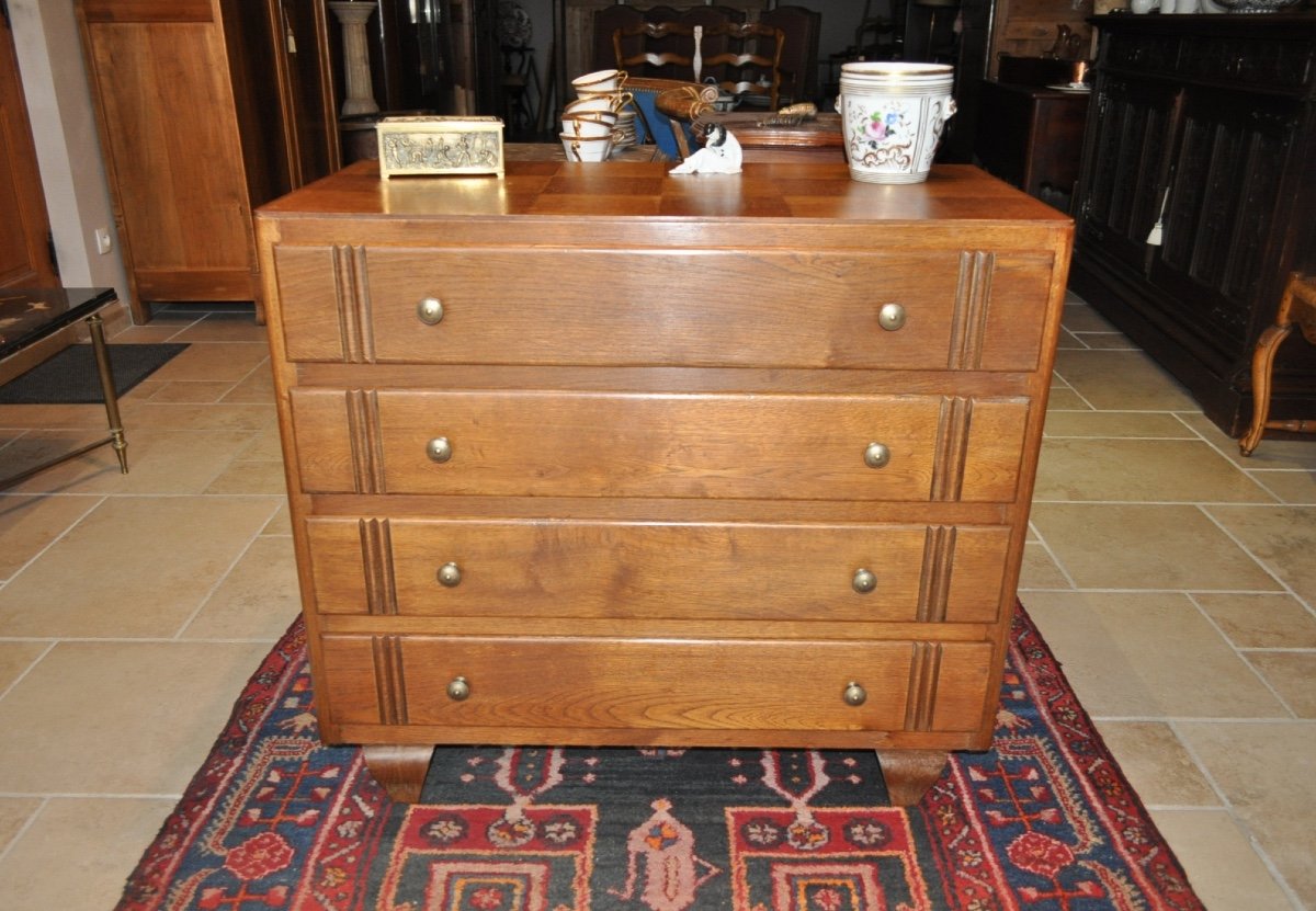 Small Art Deco Oak Chest Of Drawers From The 30s - 50s Checkered Top 4 Drawers