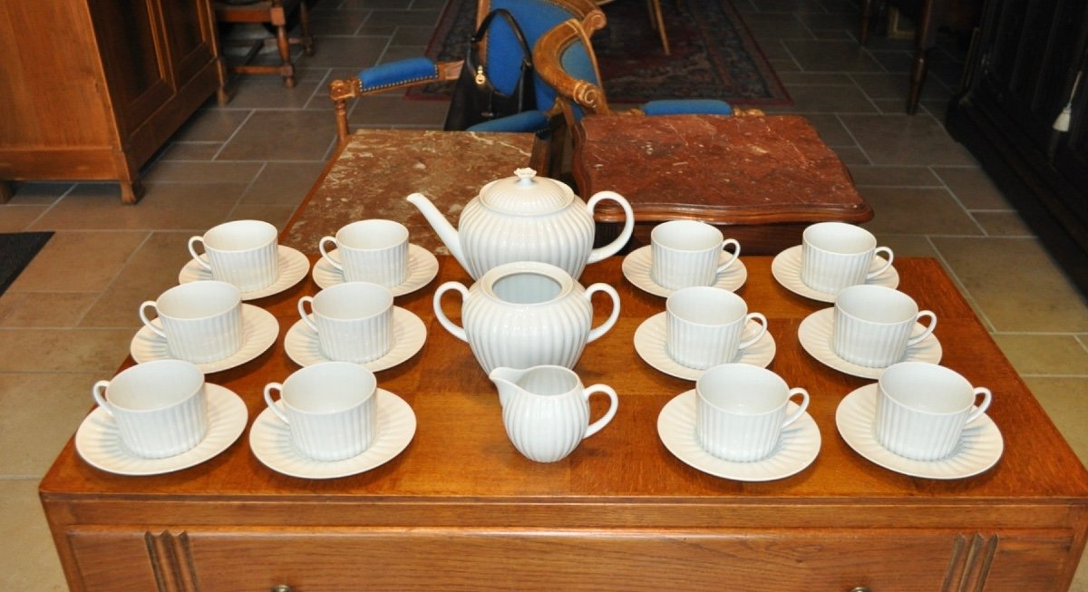 A.lanternier White Limoges Porcelain Coffee Or Tea Set 12 Cups Coffee Pot Sugar Bowl