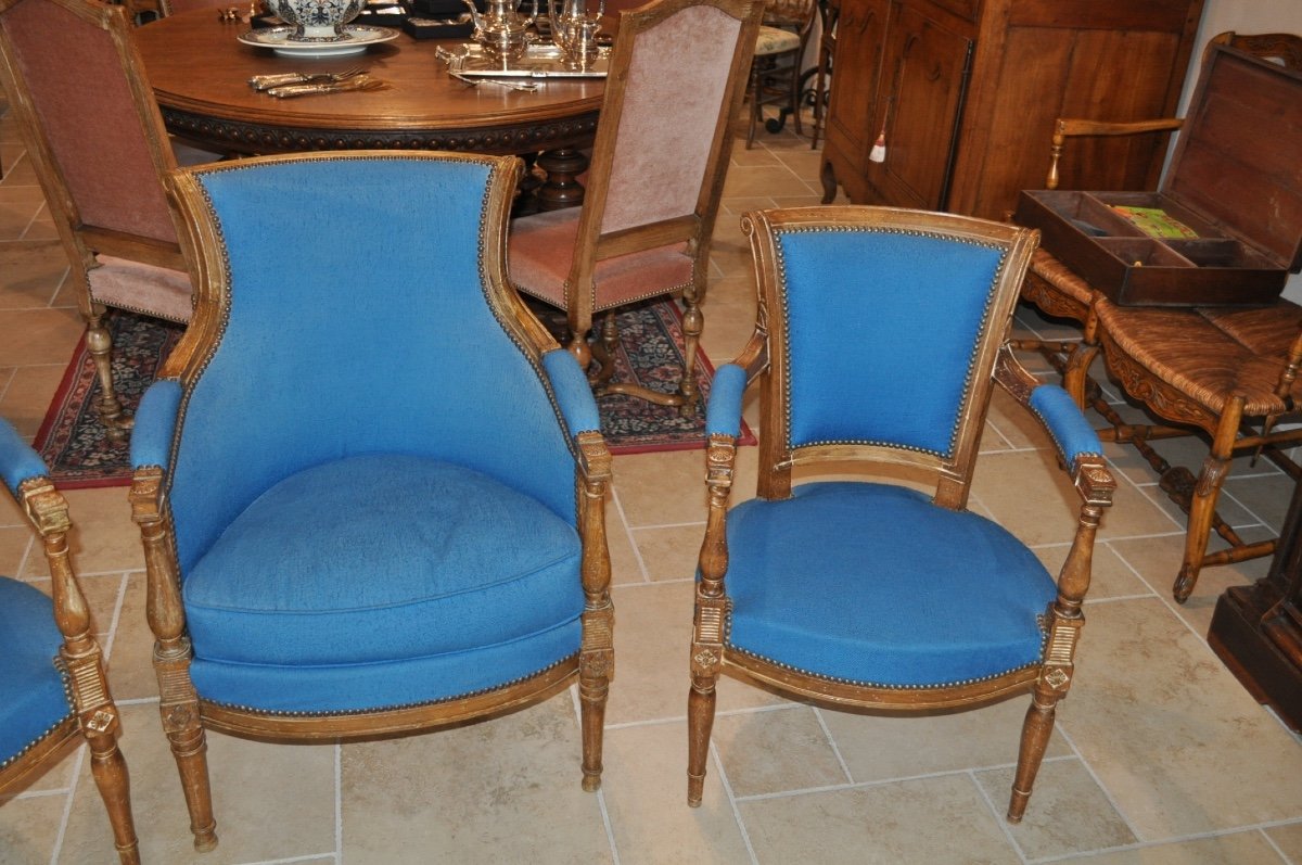 Antique Louis XVI Style Living Room, Directoire Period, Early 20th Century, Pair Of Armchairs And A Bergère-photo-4