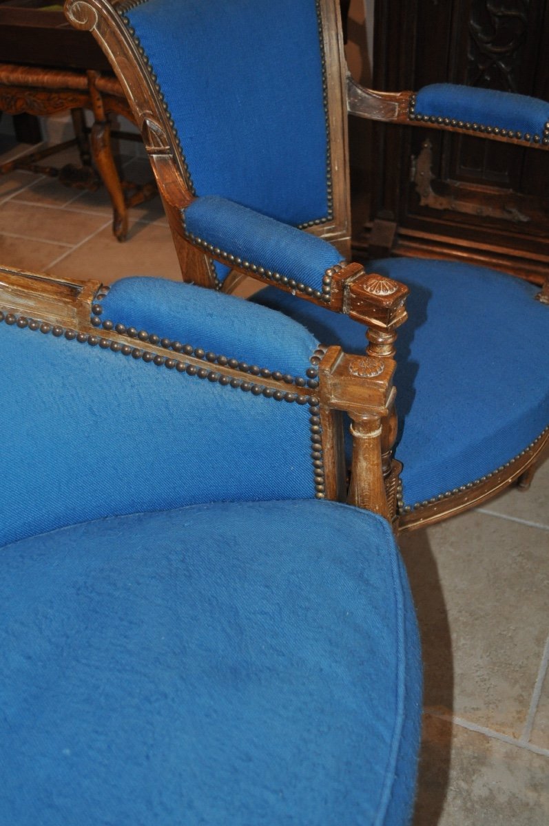 Antique Louis XVI Style Living Room, Directoire Period, Early 20th Century, Pair Of Armchairs And A Bergère-photo-7