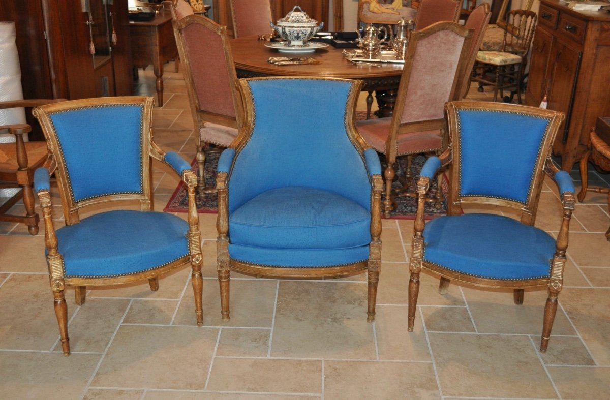 Antique Louis XVI Style Living Room, Directoire Period, Early 20th Century, Pair Of Armchairs And A Bergère