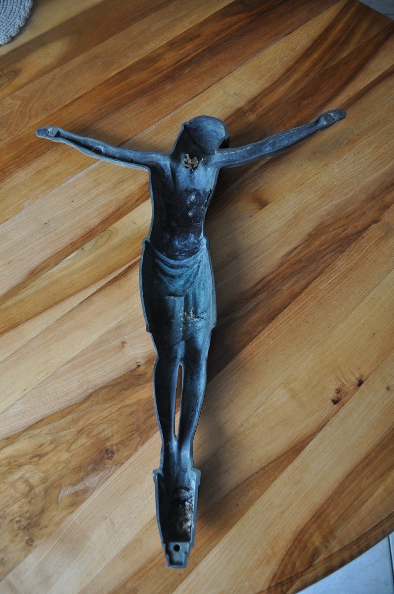 Large Bronze Christ Signed M Thomas 65 Cm Crucifix Antique Religious Art Object Circa 1930-photo-3