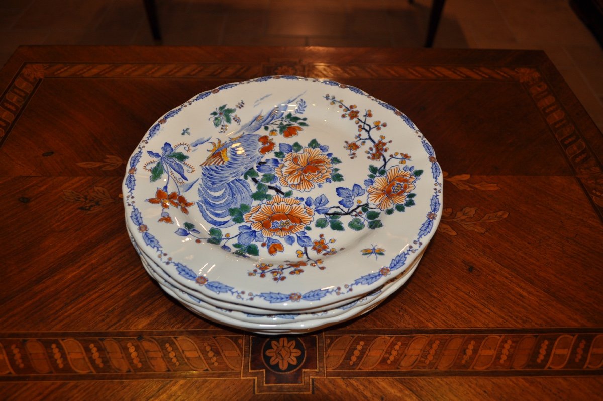 6 Large Flat Plates In Gien Earthenware Decorated With Rooster And Peony, 20th Century Service-photo-4