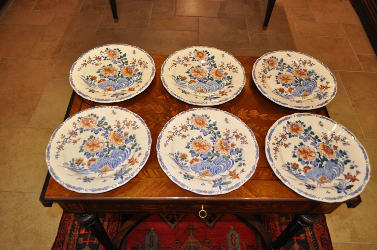 6 Large Flat Plates In Gien Earthenware Decorated With Rooster And Peony, 20th Century Service