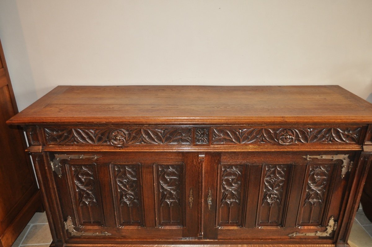 Large And Long Antique Oak Buffet In Renaissance Or Gothic Style From The 19th Century Sideboard-photo-5