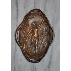 Petit Vide Poche En Bronze d'époque Art Nouveau Signé Goyeau Décor De Femme Nue