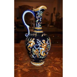 Gien Earthenware Ewer With Italian Renaissance Decor On A Blue Background Pitcher 26 Cm