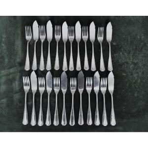 Silver Metal Fish Cutlery Service 24 Pieces Knives And Forks In A Box