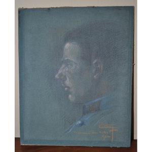 Dessin Au Pastel Ou Crayon Portrait De Militaire Daté 1922 Souvenir Du Cirlt