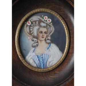 Miniature Painting On Ivory Portrait Of Woman In Hat Wooden Frame Mid 20th Century
