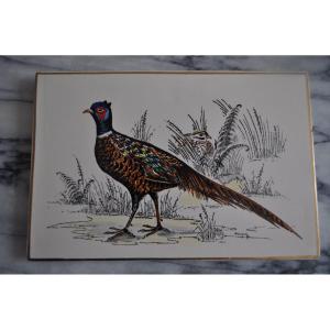 Ceramic Tile Plate From Longwy Signed P Paul Mignon The Pheasant Hunting Scene Year 50