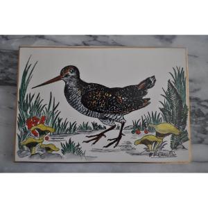 Ceramic Tile Plate From Longwy Signed Mp Chevallier Woodcock Hunting Scene Year 50