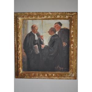 Gaston Hoffmann Oil On Marouflaged Canvas "the Intermission" Lawyers Old Painting Hst Signed
